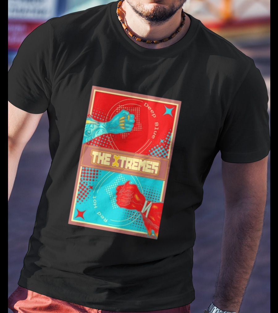 The Xtremes Deep Blue Red Hot Fist Bump Duel Comic T-Shirt