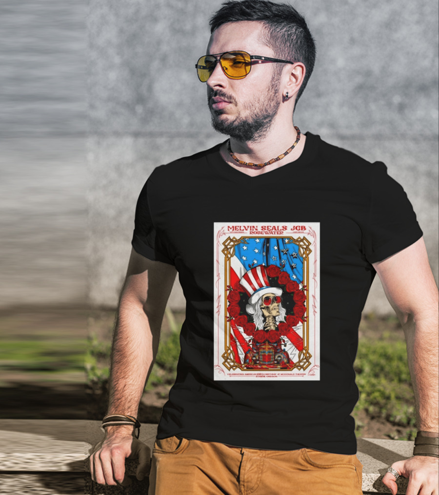 Melvin Seals JGB Rosewater July 4 2026 McDonald Theatre Eugene Oregon Patriotic Skull T-Shirt