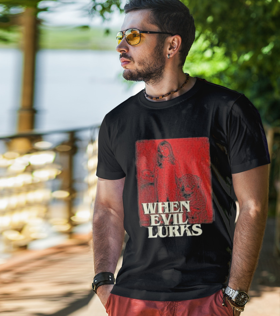 When Evil Lurks Red Background Girl With Bear T-Shirt