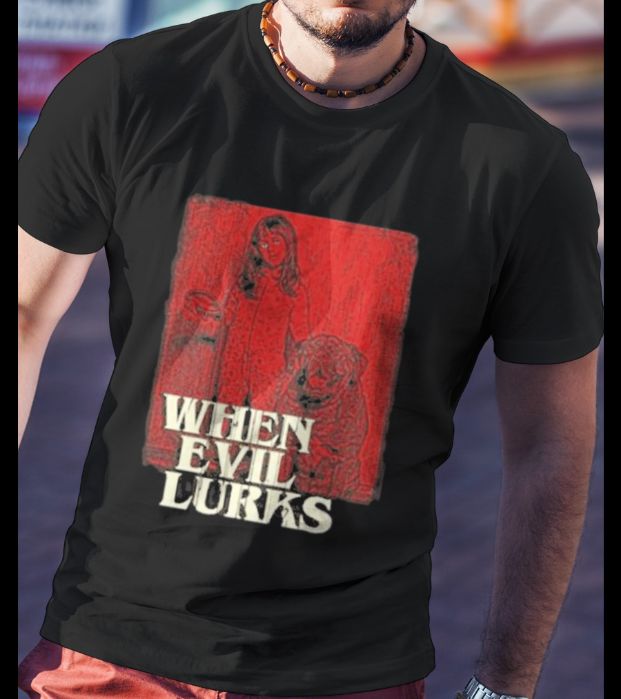 When Evil Lurks Red Background Girl With Bear T-Shirt
