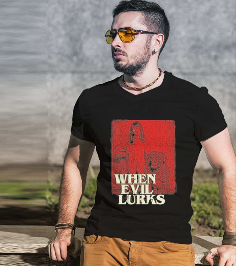 When Evil Lurks Red Background Girl With Bear T-Shirt