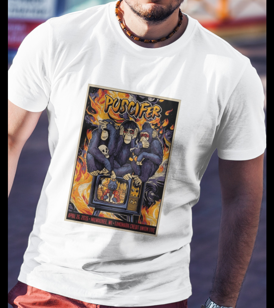 Puscifer April 26 2026 Milwaukee WI Landmark Credit Union Live Monkeys TV Flames T-Shirt