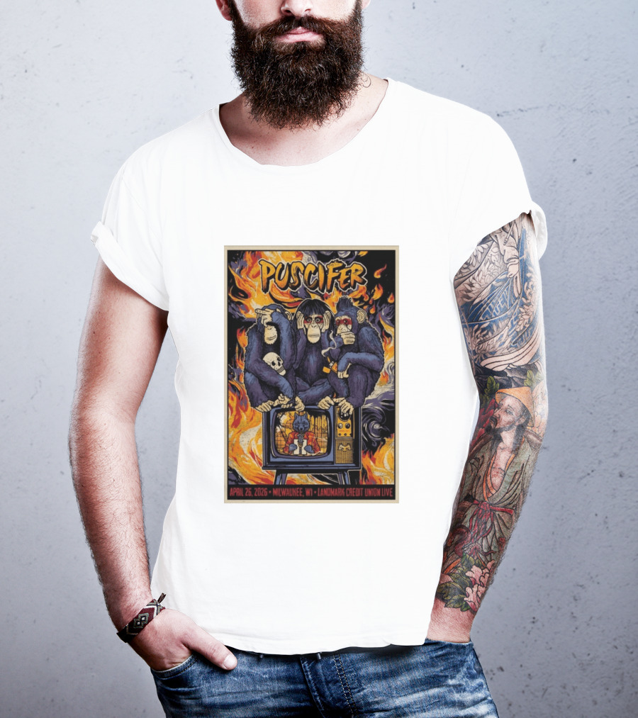 Puscifer April 26 2026 Milwaukee WI Landmark Credit Union Live Monkeys TV Flames T-Shirt
