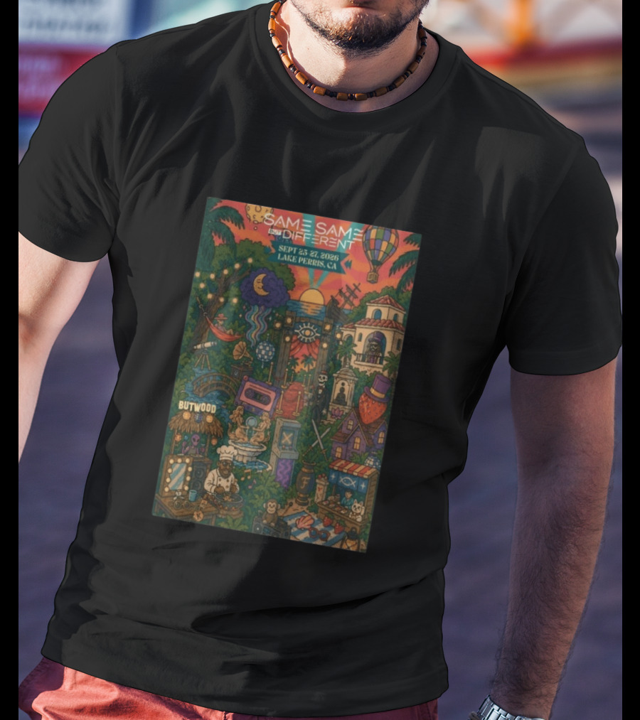 Same Same But Different Festival September 25 27 2026 Lake Perris CA Hot Air Balloon Tropical Landscape T-Shirt