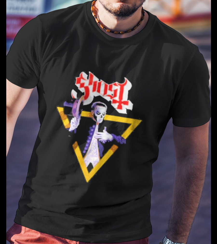 Ghost Papa Emeritus Holding Microphone With Red Gothic T-Shirt
