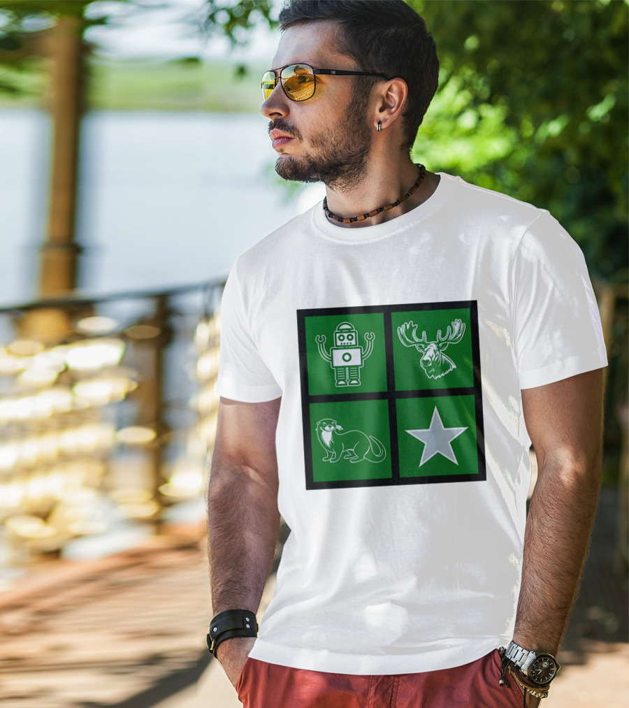 Robot Moose Otter Star Quadrant On Green T-Shirt