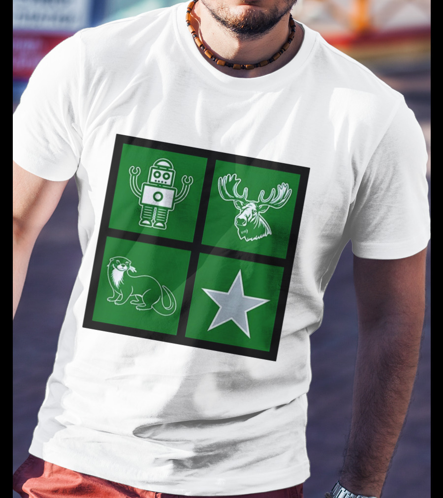 Robot Moose Otter Star Quadrant On Green T-Shirt