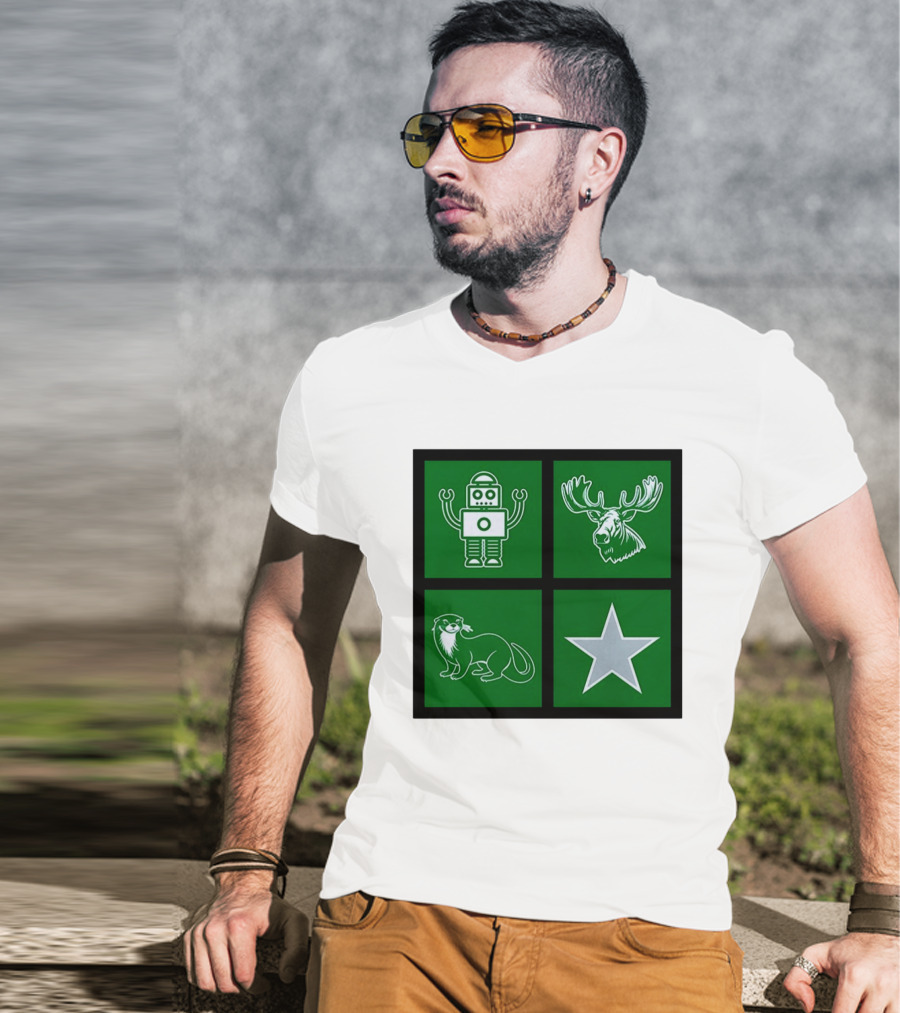 Robot Moose Otter Star Quadrant On Green T-Shirt