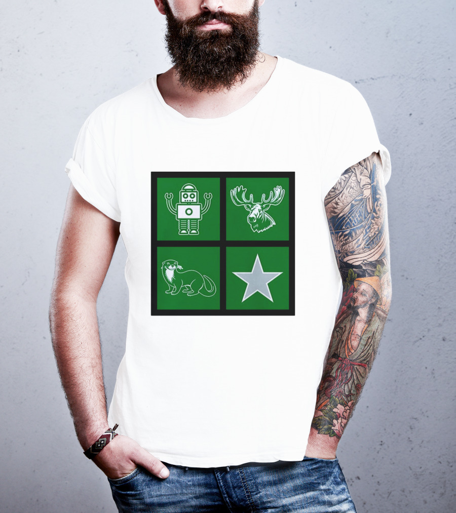 Robot Moose Otter Star Quadrant On Green T-Shirt
