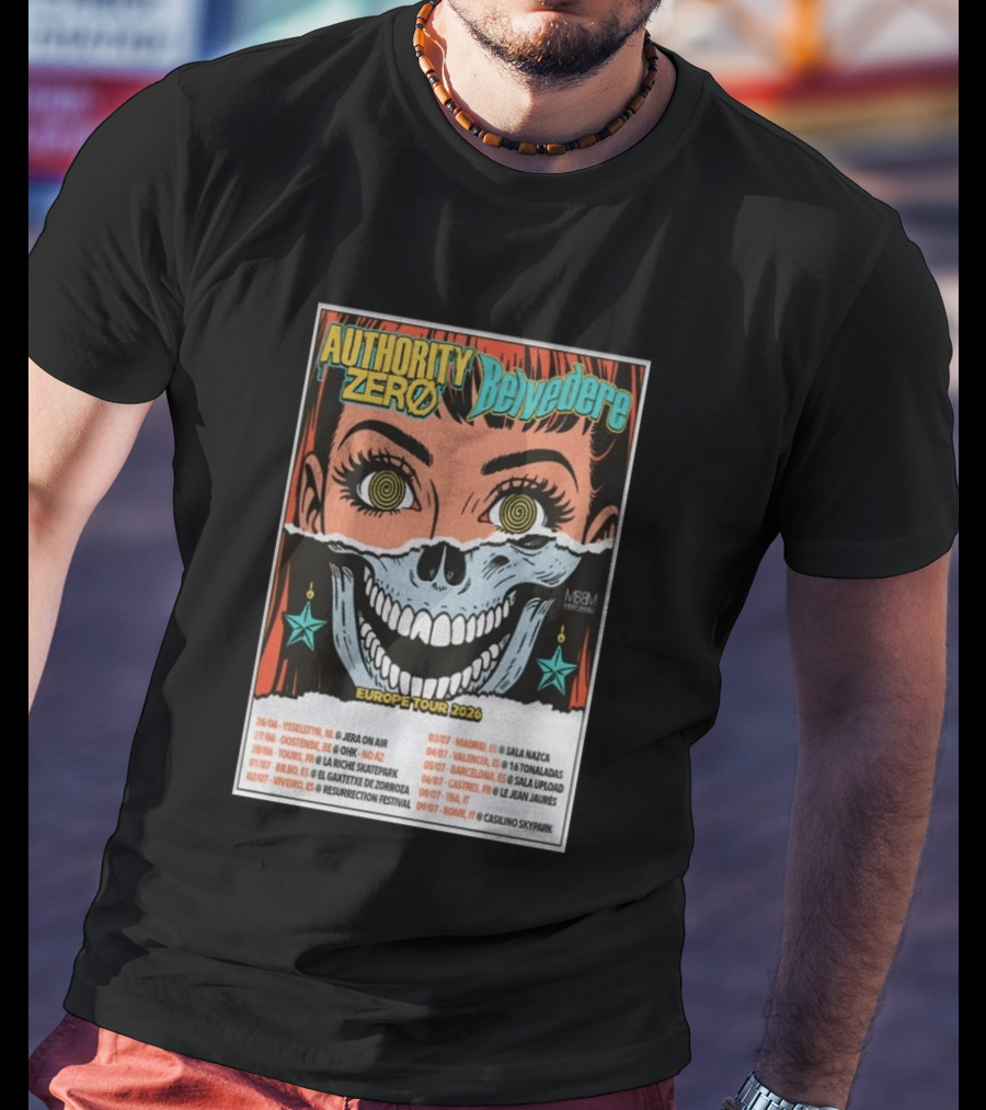 Authority Zero Belvedere Europe Tour 2026 Featuring Futuristic Comic Art Style With Date And Venue List T-Shirt