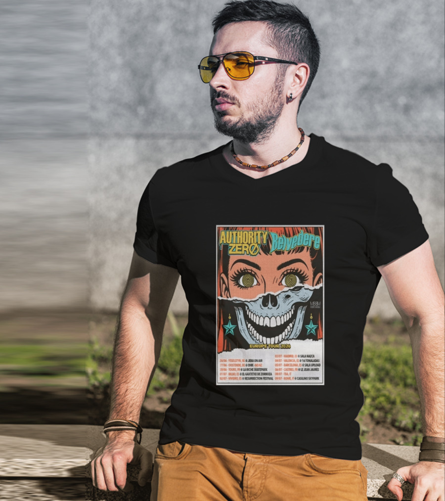 Authority Zero Belvedere Europe Tour 2026 Featuring Futuristic Comic Art Style With Date And Venue List T-Shirt
