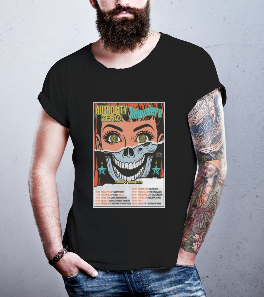Authority Zero Belvedere Europe Tour 2026 Featuring Futuristic Comic Art Style With Date And Venue List T-Shirt