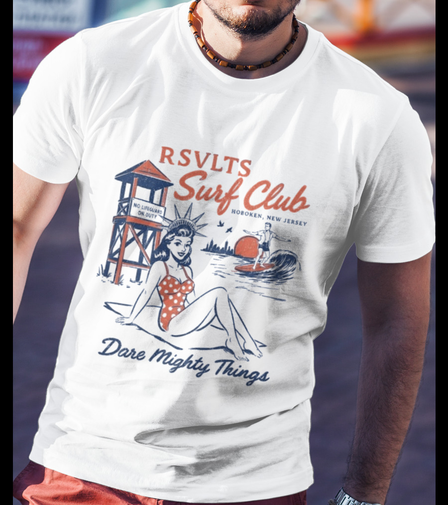 RSVLTS Surf Club Hoboken New Jersey Dare Mighty Things Statue Of Liberty Surfing Vintage Beach Scene T-Shirt