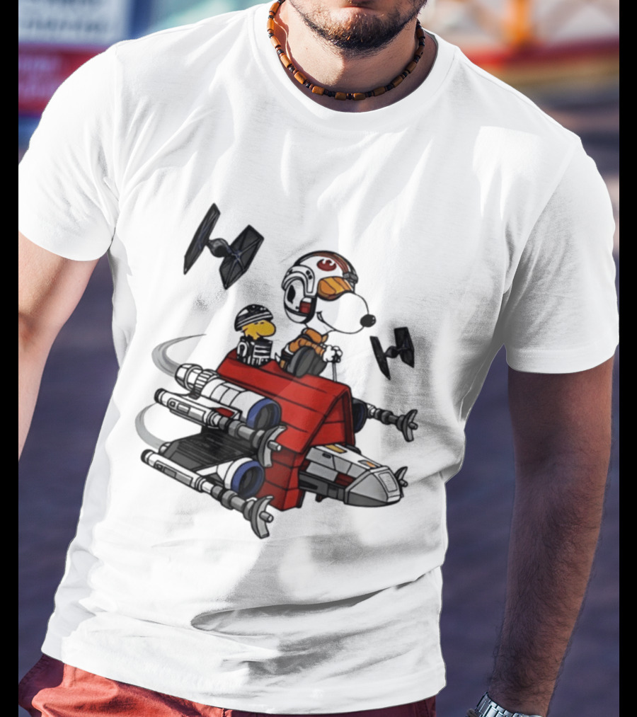 Space Beagle Snoopy Star Wars X Wing Doghouse Woodstock TIE Fighters T-Shirt