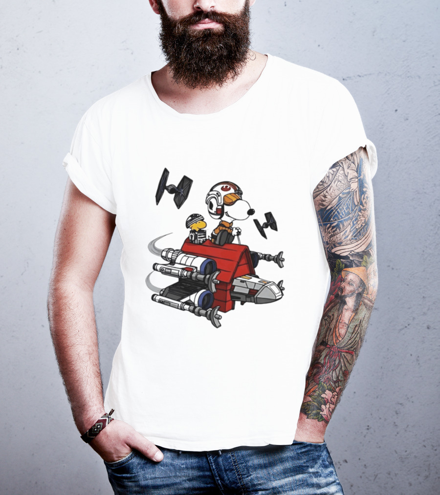 Space Beagle Snoopy Star Wars X Wing Doghouse Woodstock TIE Fighters T-Shirt