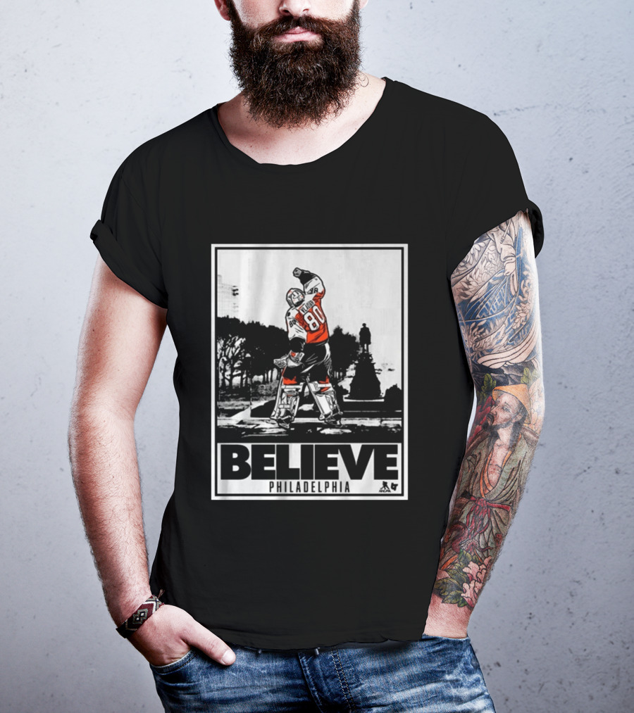 Dan Vladar 80 Jersey Believe Philadelphia Statue Hockey Scene T-Shirt