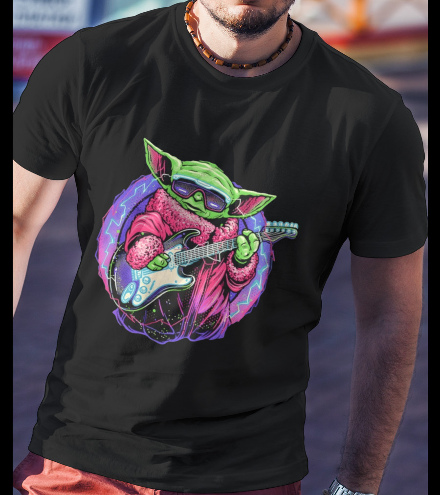 Grogu Electric Galaxy Guitar Blue Neon Lightning T-Shirt