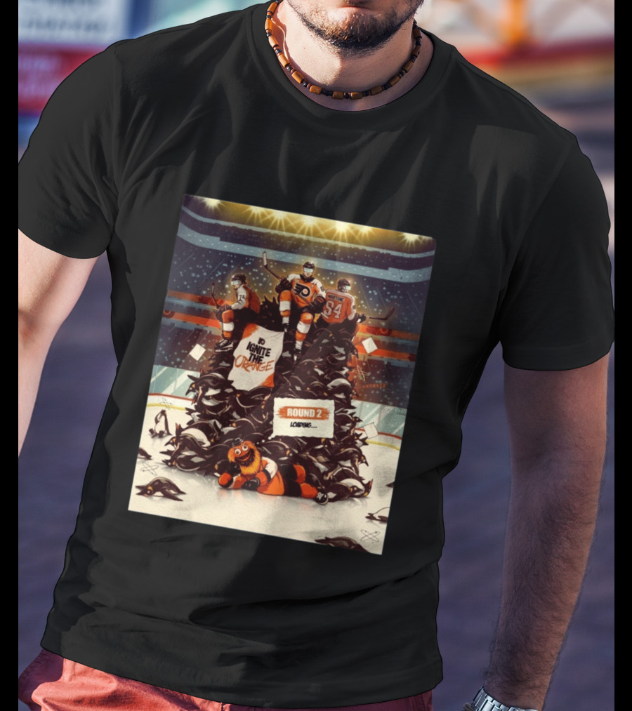 Philadelphia Flyers Ignite The Orange Round 2 Loading Cartoon Hockey Battle T-Shirt