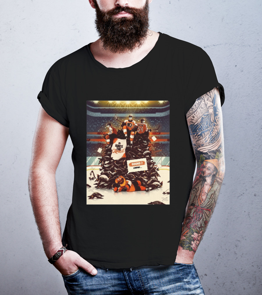 Philadelphia Flyers Ignite The Orange Round 2 Loading Cartoon Hockey Battle T-Shirt