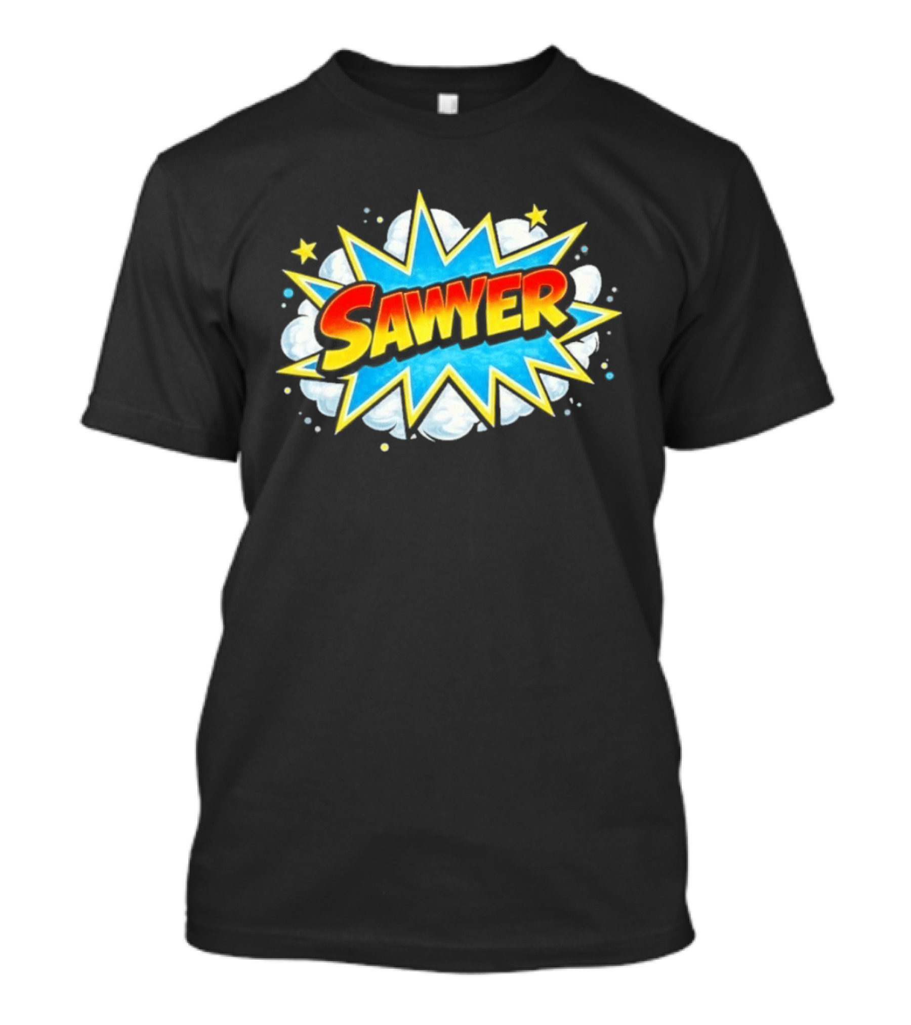 Sawyer Comic Book Style Burst Name With Stars And Clouds T-Shirt