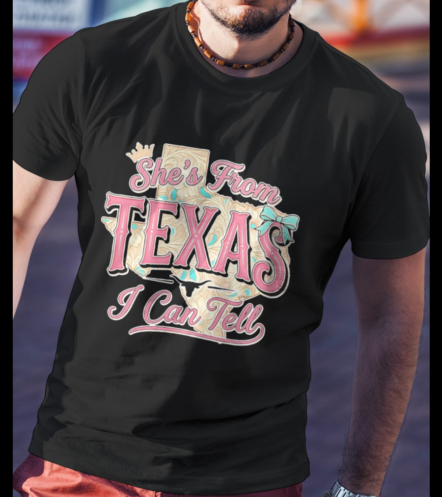 She's From Texas I Can Tell Texas Map Crown Bow T-Shirt