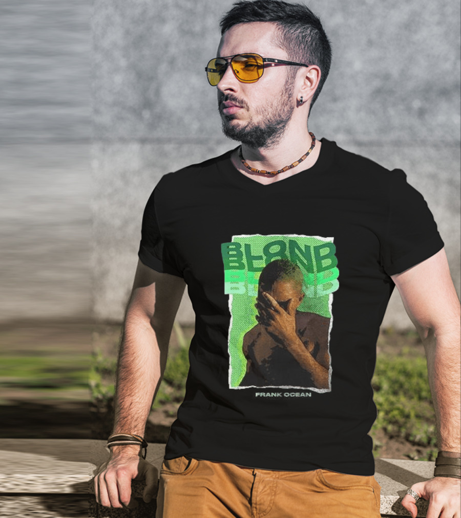 BLOND Frank Ocean Album Cover Art With Green Text And Contemplative Pose T-Shirt