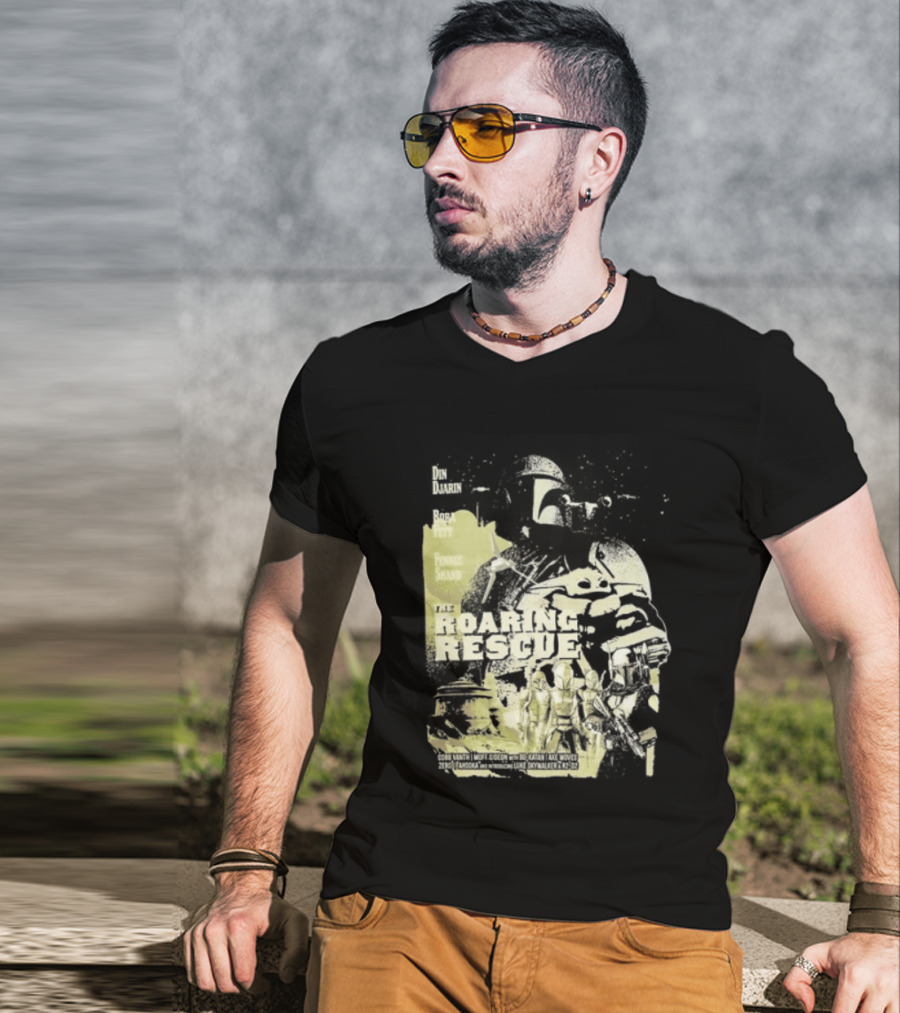 Heroes Villains Star Wars Din Djarin Boba Fett Fennec Shand Roaring Rescue 2026 T-Shirt