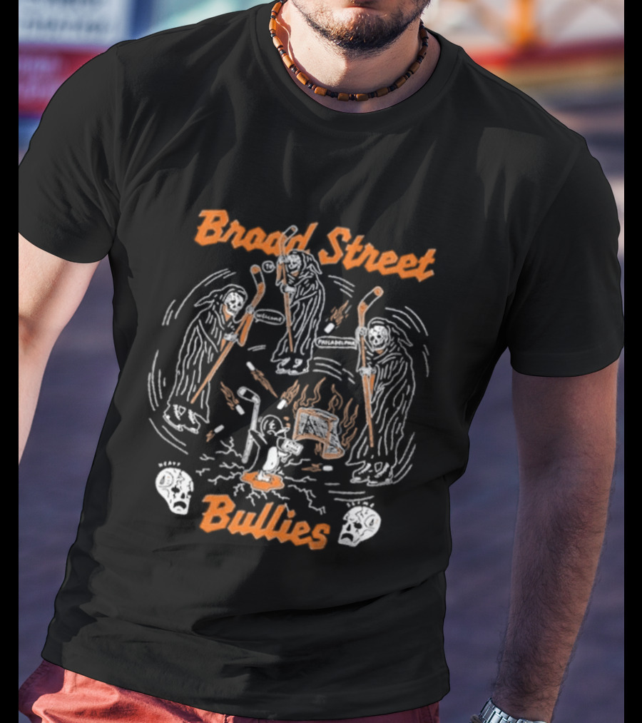 Philadelphia Broad Street Bullies Skull 2026 Hockey Sticks And Flames T-Shirt