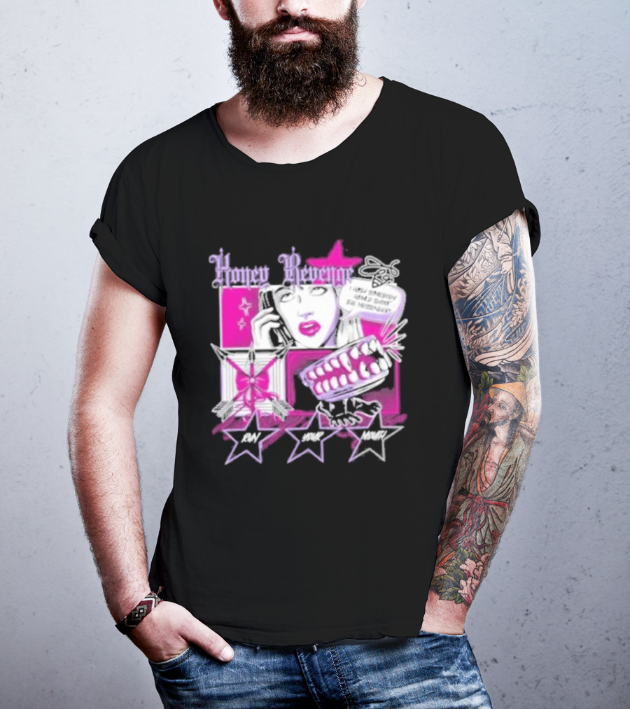 Honey Revenge Comic Style Pink And Black Lips Starburst T-Shirt