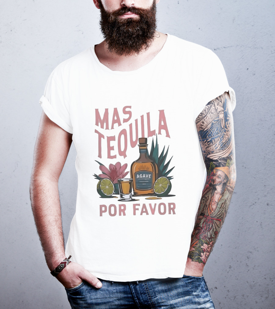 Mas Tequila Por Favor Agave Bottle With Limes And Shot Glass T-Shirt