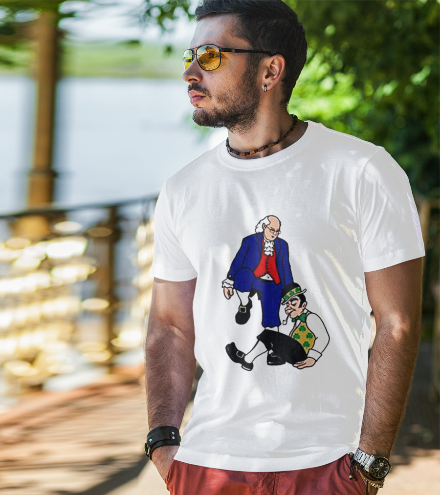 Ben Franklin Stepover Cartoon Colonial Vs Leprechaun T-Shirt