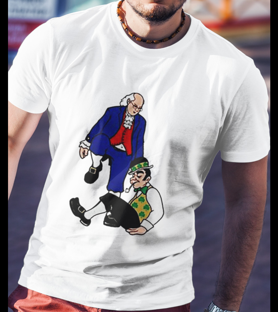 Ben Franklin Stepover Cartoon Colonial Vs Leprechaun T-Shirt