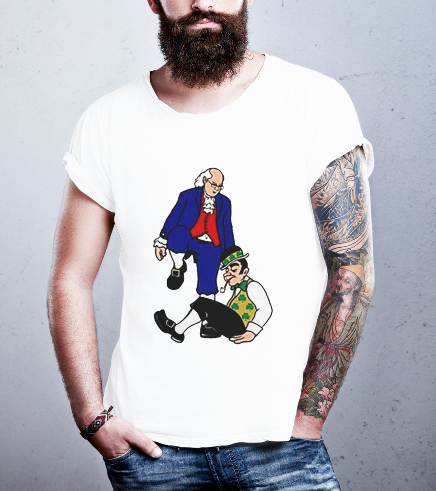 Ben Franklin Stepover Cartoon Colonial Vs Leprechaun T-Shirt