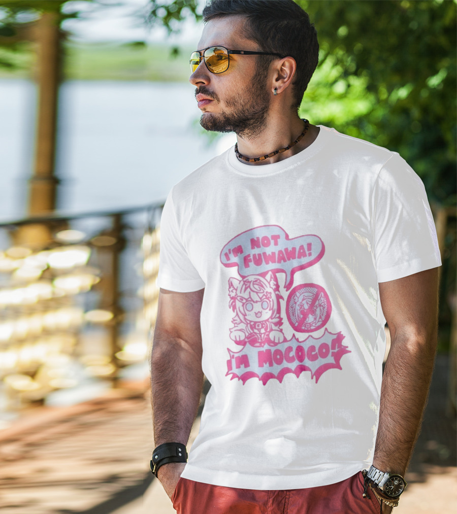 I'm Not Fuwawa I'm Mococo Anime Character Expression Pink And White Speech Bubbles T-Shirt