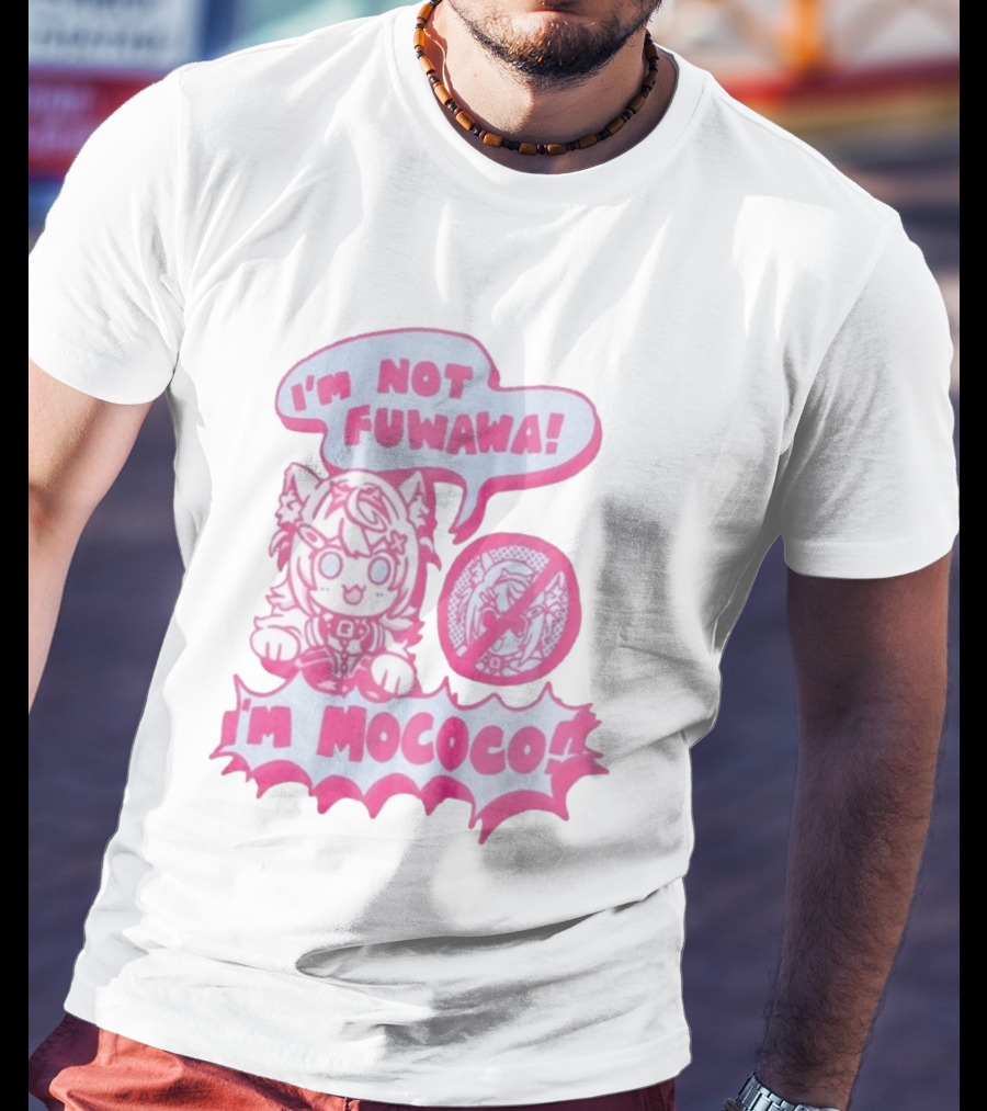 I'm Not Fuwawa I'm Mococo Anime Character Expression Pink And White Speech Bubbles T-Shirt