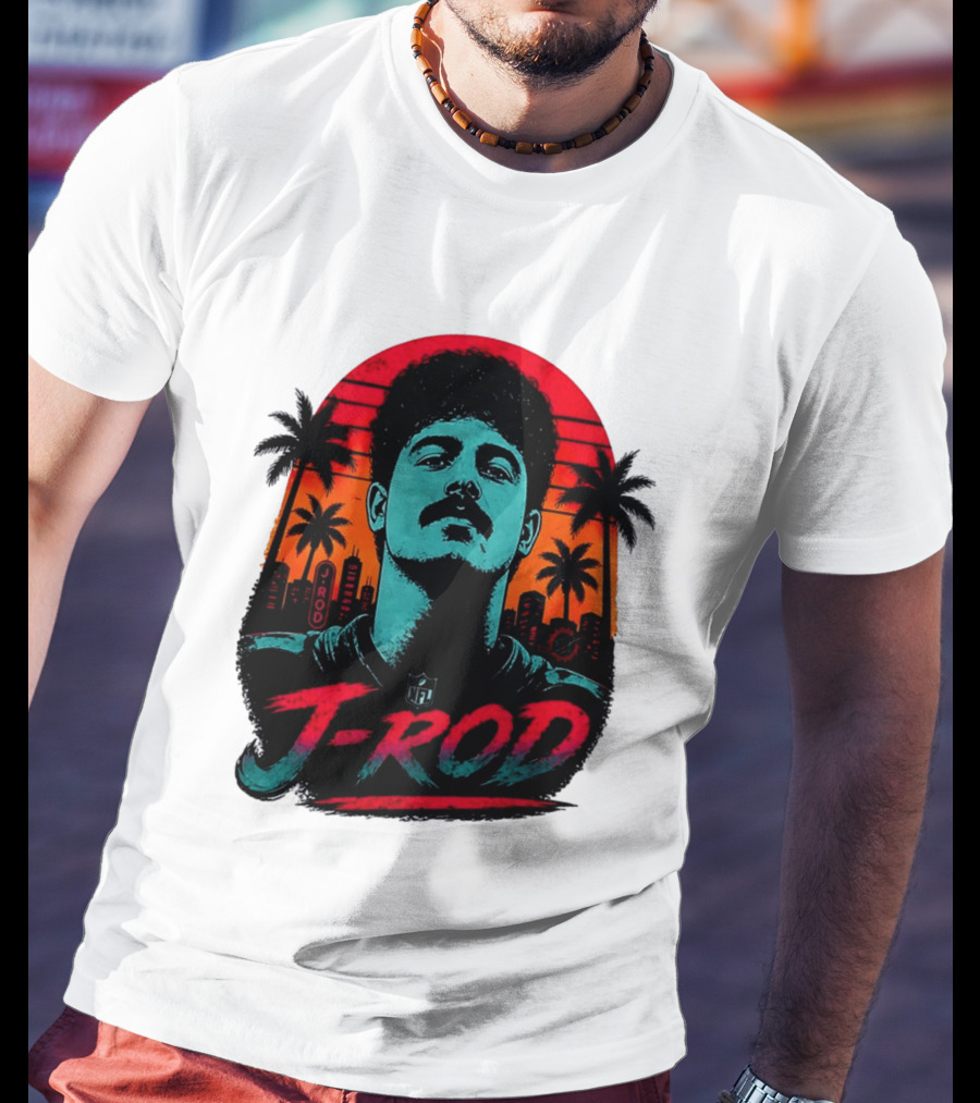 J Rod Retro Sunset Vibes With NFL And Palm Trees T-Shirt