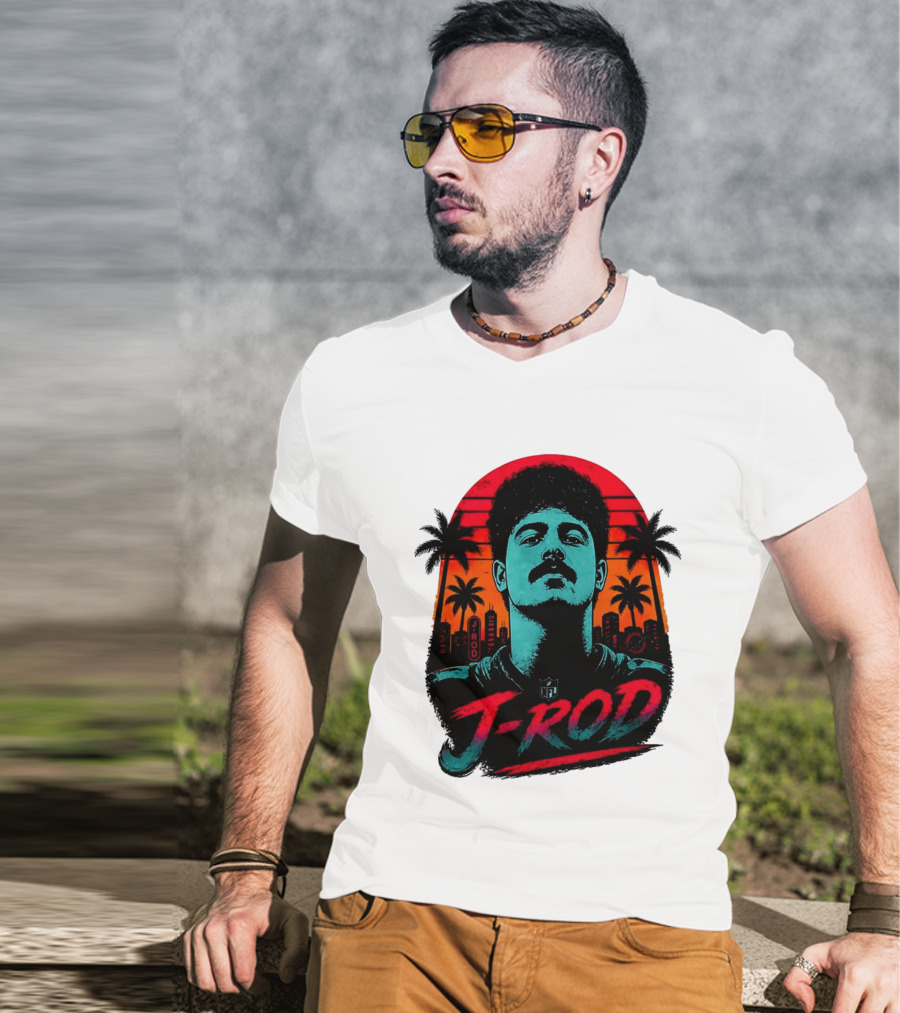 J Rod Retro Sunset Vibes With NFL And Palm Trees T-Shirt