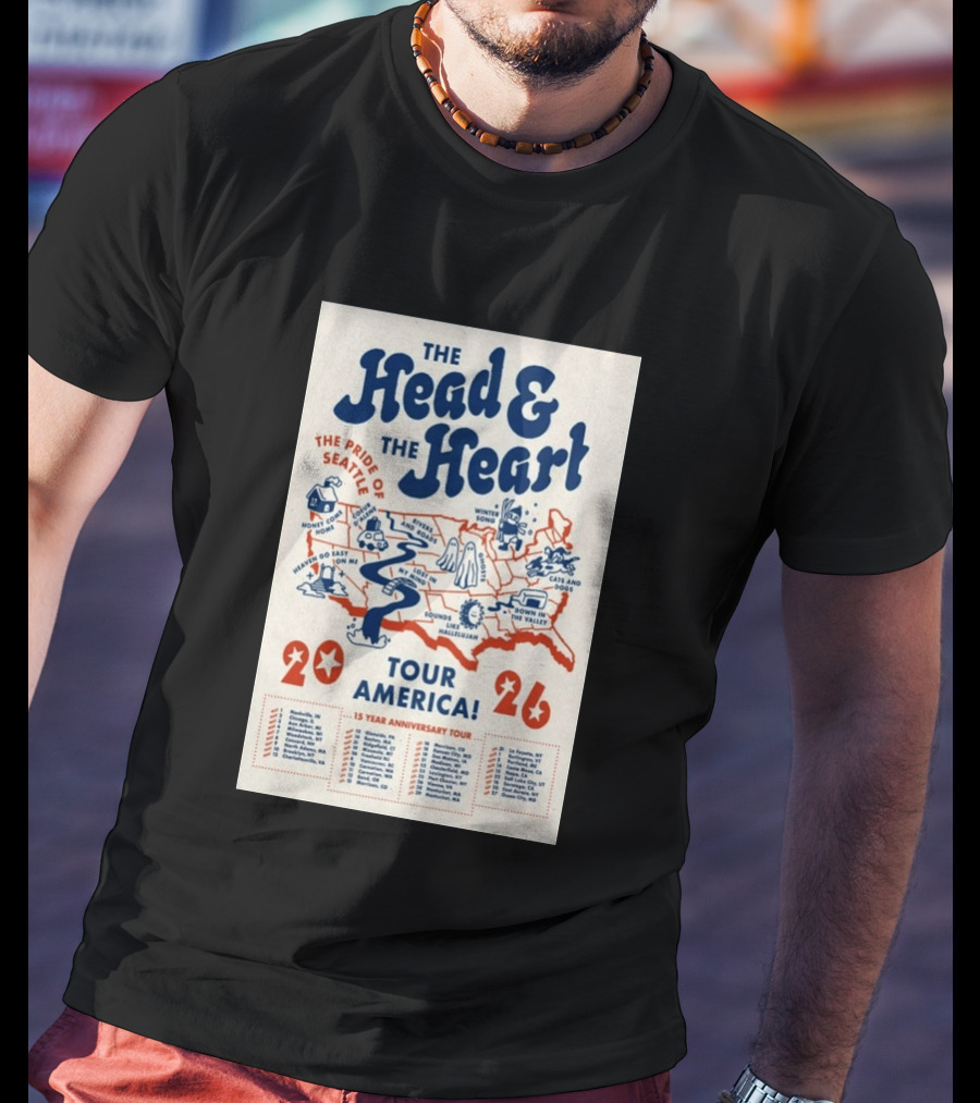 The Head And The Heart Tour America 2026 Pride Of Seattle Map 15 Year Anniversary T-Shirt
