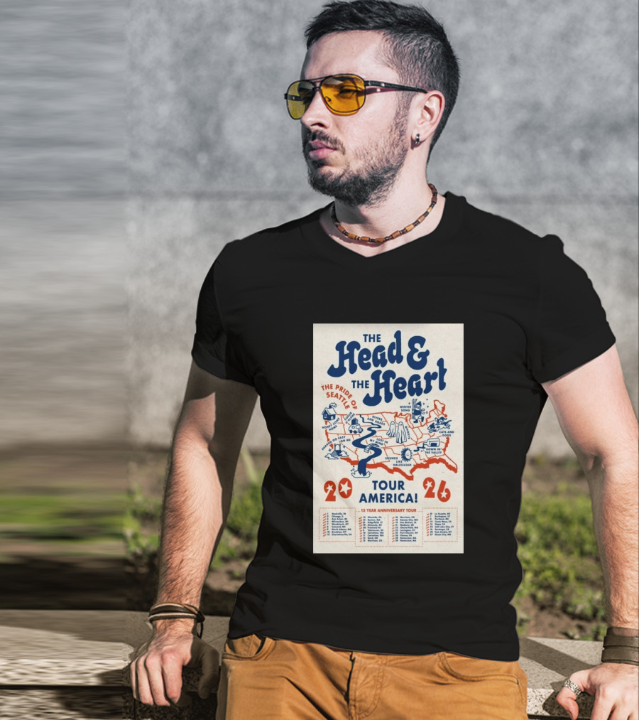 The Head And The Heart Tour America 2026 Pride Of Seattle Map 15 Year Anniversary T-Shirt