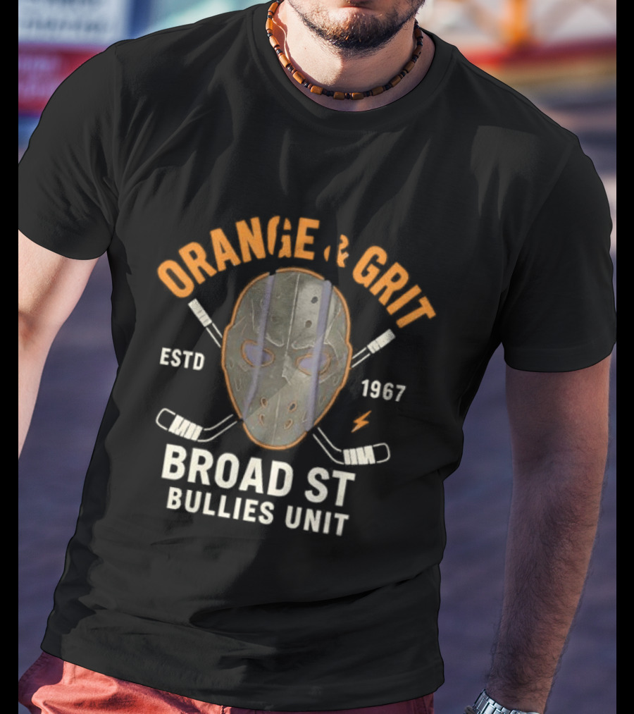 Orange And Grit Broad St Bullies Unit ESTD 1967 Hockey Mask And Sticks T-Shirt