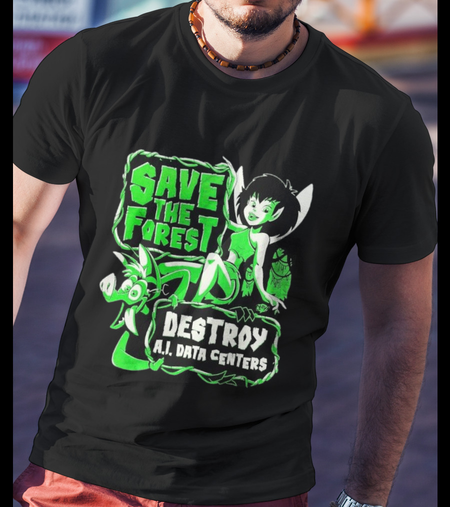 Save The Forest Destroy A.I. Data Centers Cartoon Fairy And Boar T-Shirt