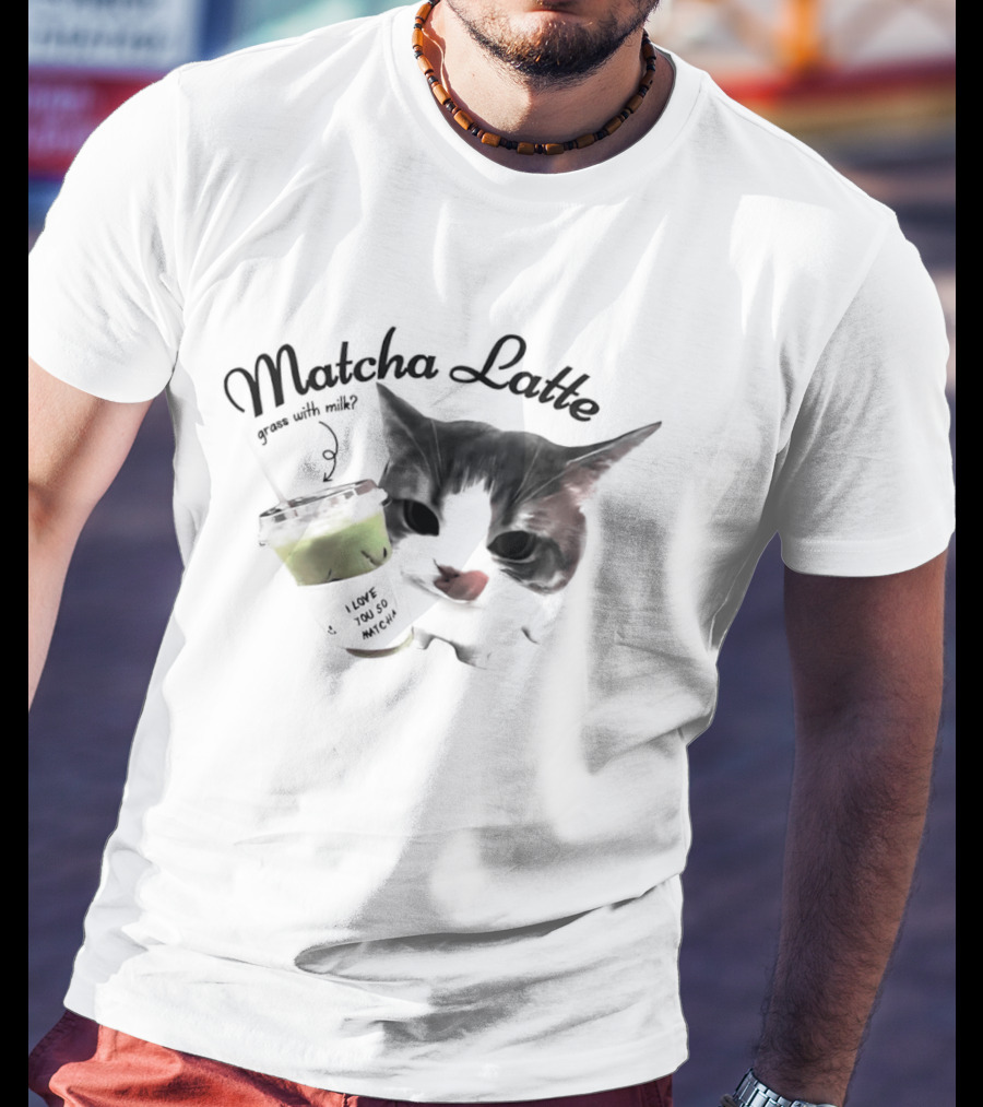 Matcha Latte Coffee Cat Kawaii With Paw And Tail T-Shirt