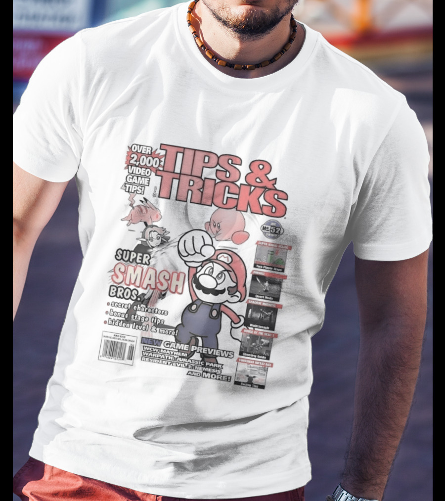 Super Smash Bros Over 2000 Video Game Tips And Tricks Retro Cover Mario Kirby Characters T-Shirt