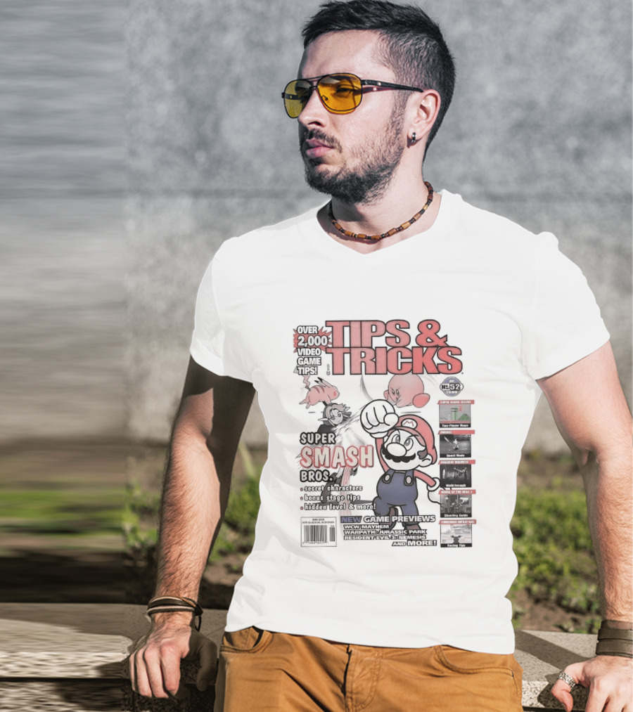 Super Smash Bros Over 2000 Video Game Tips And Tricks Retro Cover Mario Kirby Characters T-Shirt