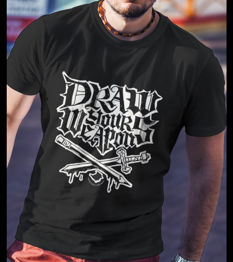 Draw Your Weapons Pen And Sword Crossed Dripping Ink T-Shirt