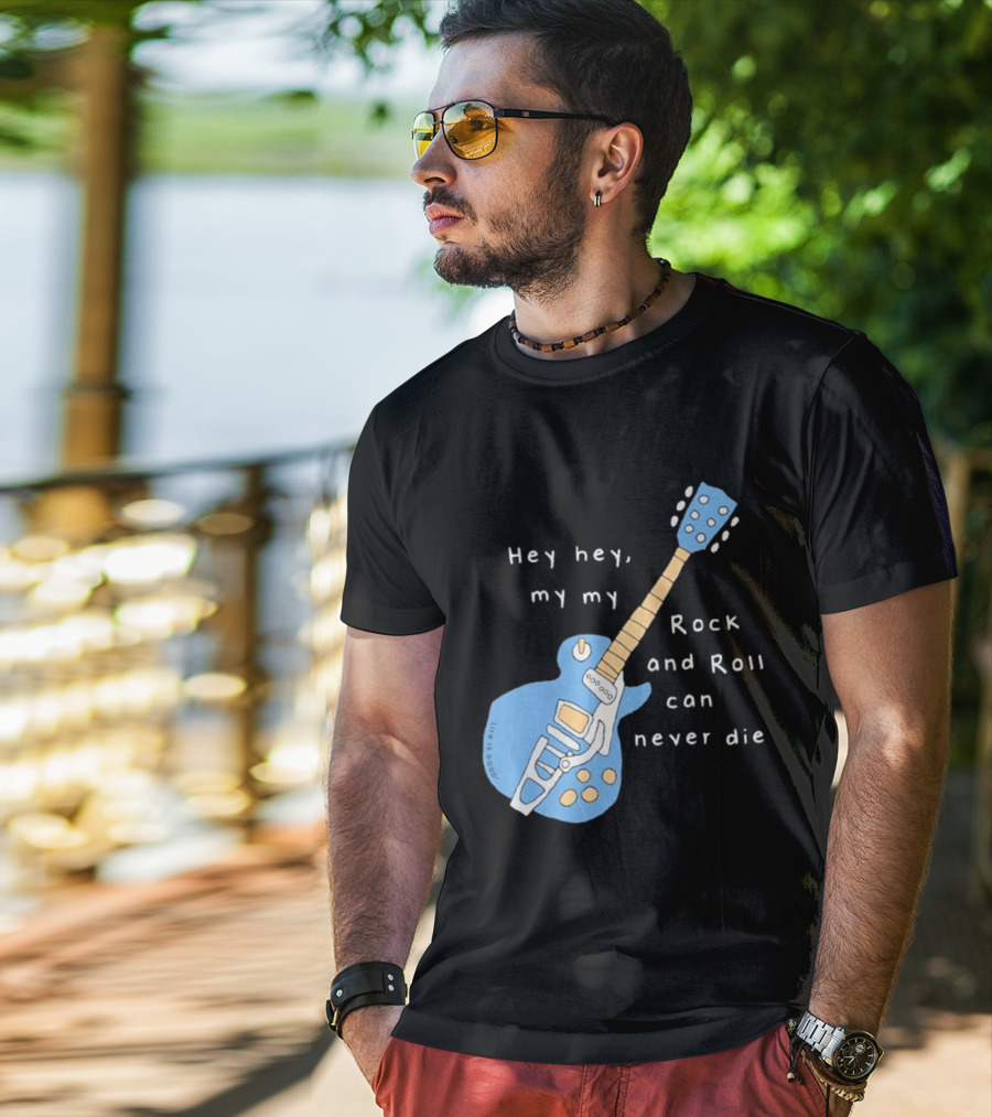 Hey Hey My My Rock And Roll Can Never Die Blue Guitar T-Shirt