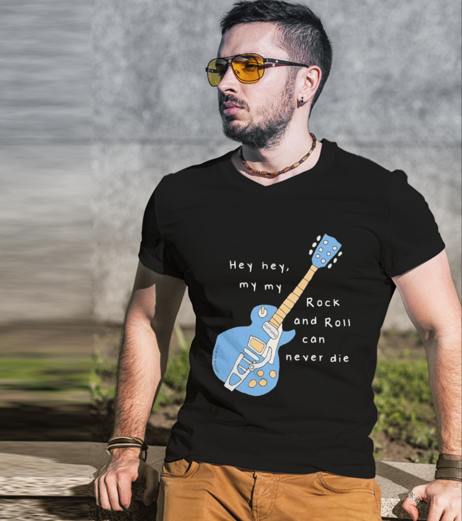 Hey Hey My My Rock And Roll Can Never Die Blue Guitar T-Shirt
