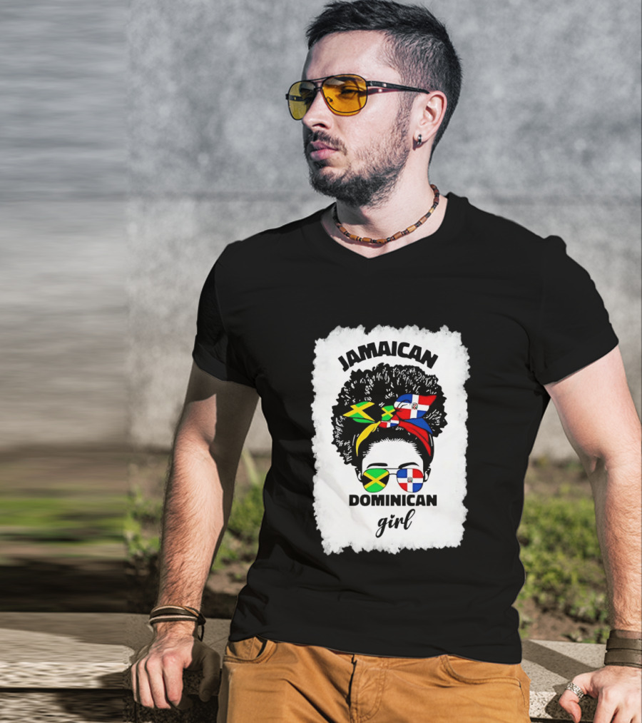 Jamaican Dominican Girl Afro Headwrap Flag Sunglasses T-Shirt