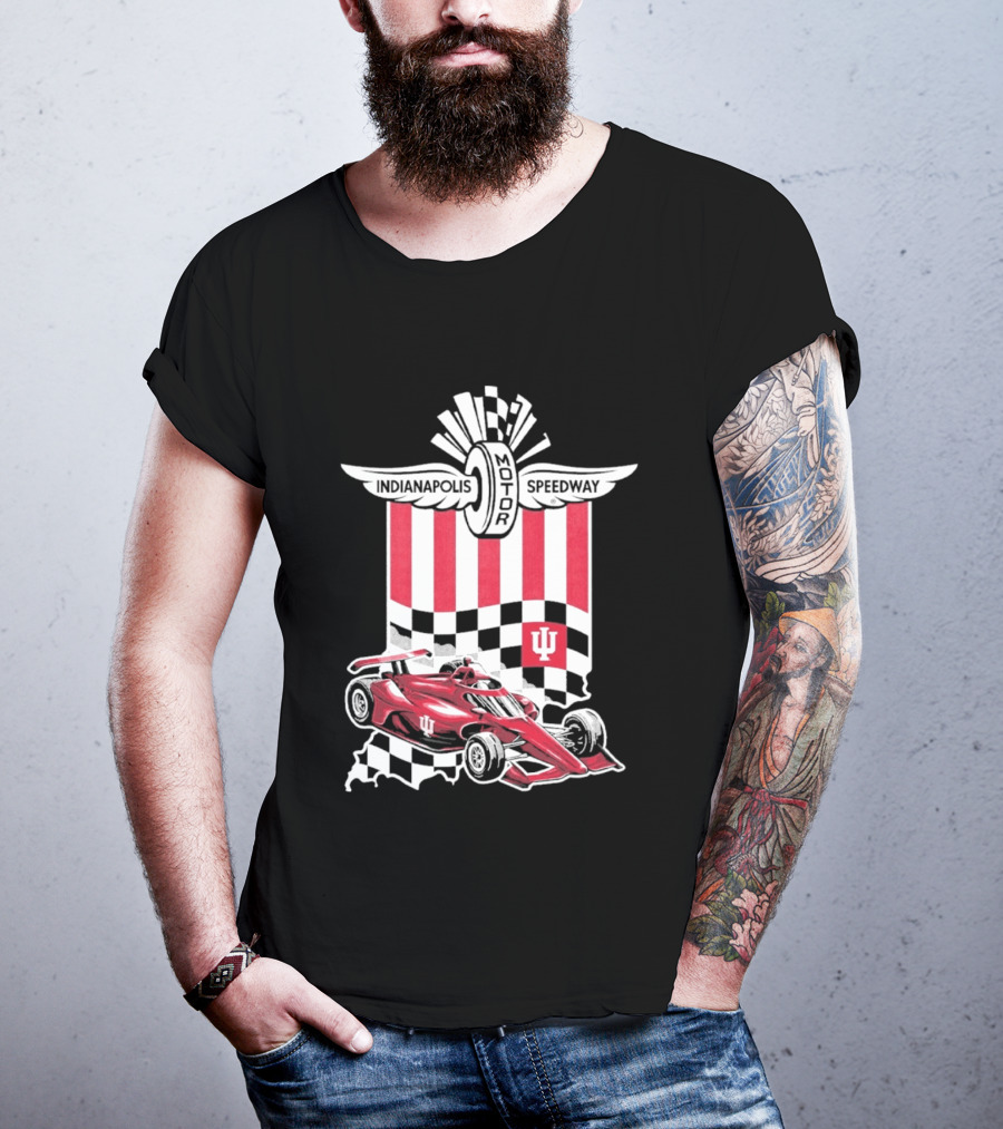 Indiana Hoosiers Red Race Car Indianapolis Motor Speedway Checker Flag T-Shirt