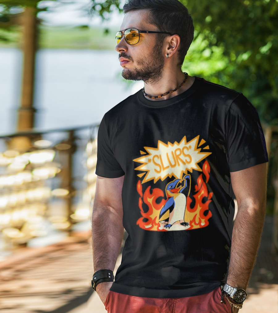 Penguin Slurs Cartoon Flaming Penguin In Fiery Speech Bubble T-Shirt